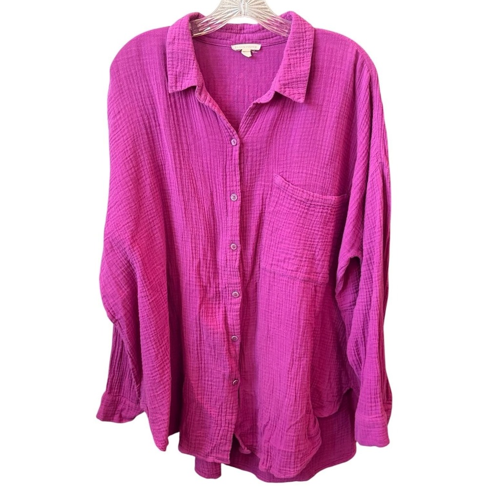Eileen Fisher Button Up Womens Magenta Double Gauze Cotton Lagenlook Tunic XL